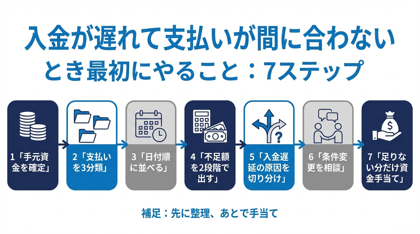 入金が遅れて支払いが間に合わないとき最初にやることを7ステップで整理した判断フロー図